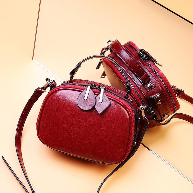 Burgundy Genuine Leather Cube Handbags Zipper Crossbody Vintage Purses