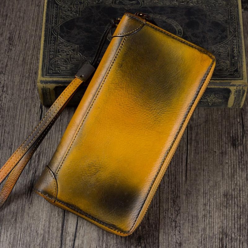 Yellow Floral Hand-made Cowhide Leather Wallet Zipper Long Wallet