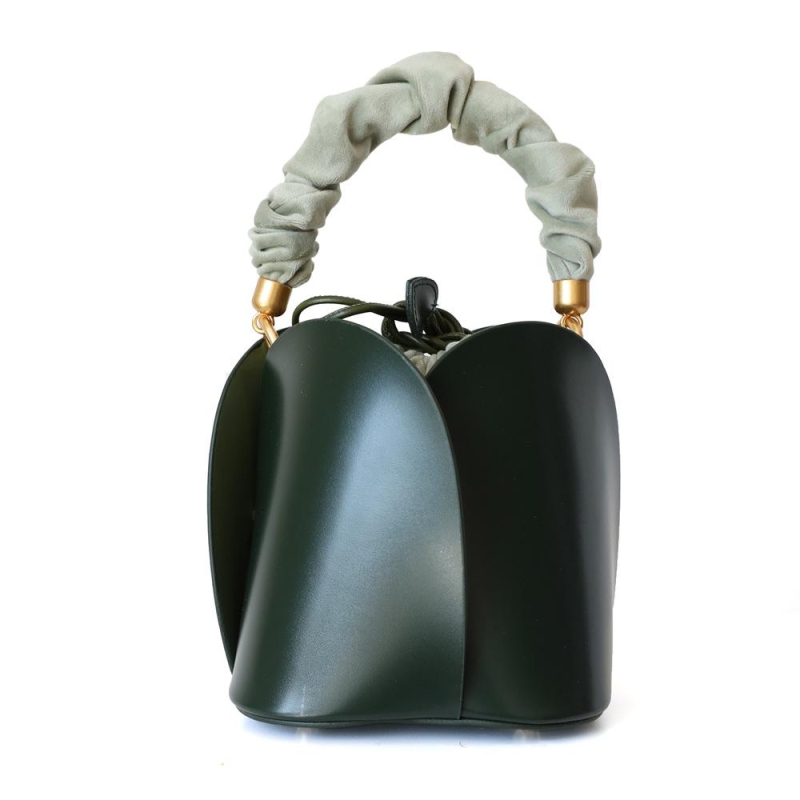 Green Colour Flower Shape Leather Bucket Handbags