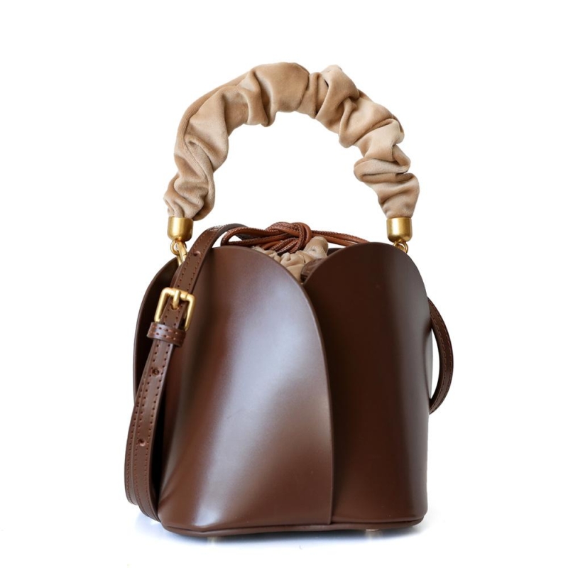 Caramel Colour Flower Shape Leather Bucket Handbags