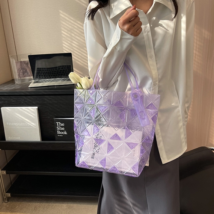 Purple Quilted Jelly Bag Top Handle Transparent Tote Shopper Bag