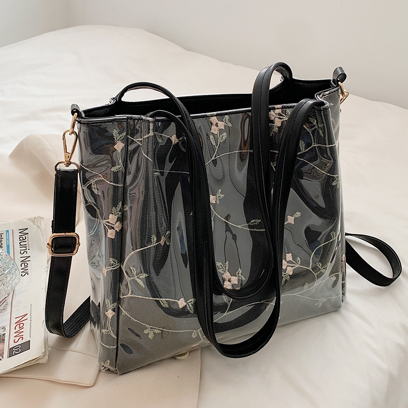 Black Clear Tote Bag Flower Printed Crossbody Tote with Removable Strap