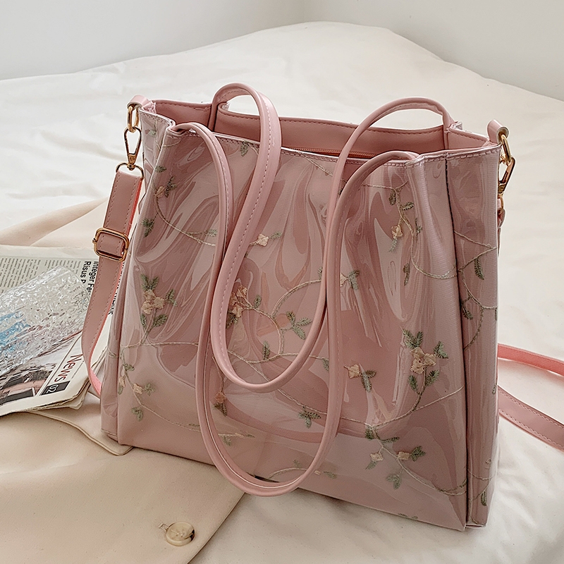 Pink Clear Tote Bag Flower Printed Crossbody Tote with Removable
