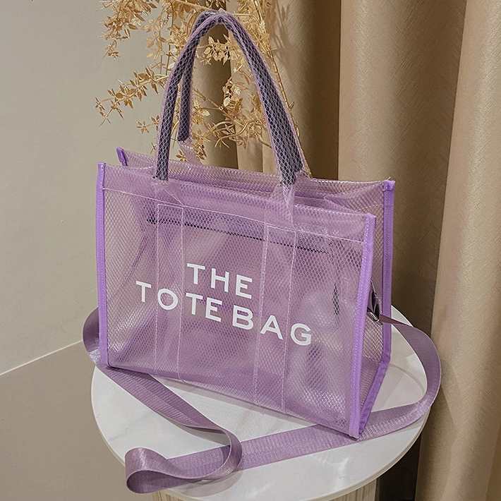Clear Shoulder Tote with Inside Pocket and Zipper Closure, Purple