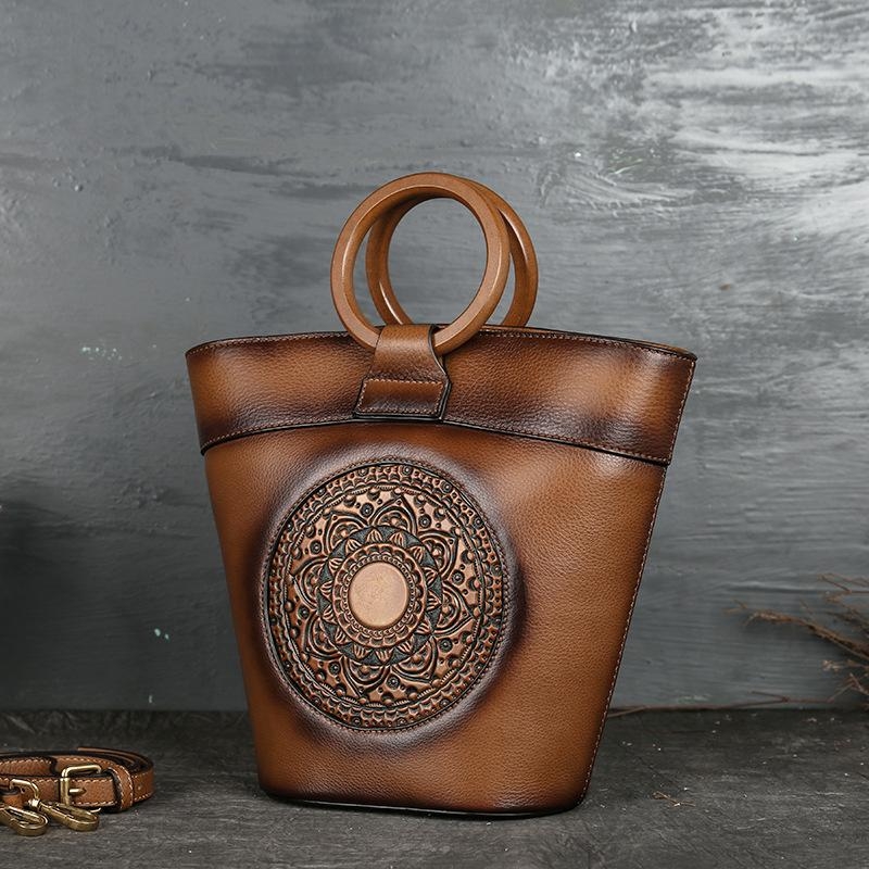 Coffe Flower Embossed Leather Bucket Bag Wood Round Handle Retro Bags