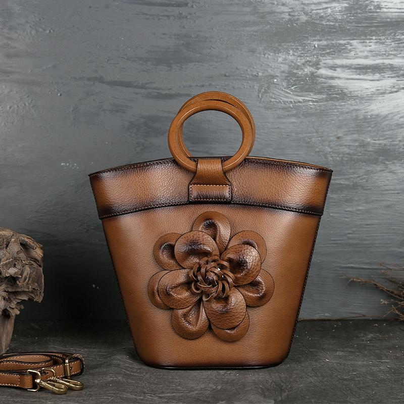 Coffe Wood Round Handle Three-dimensional Flowers Leather Bucket Bags