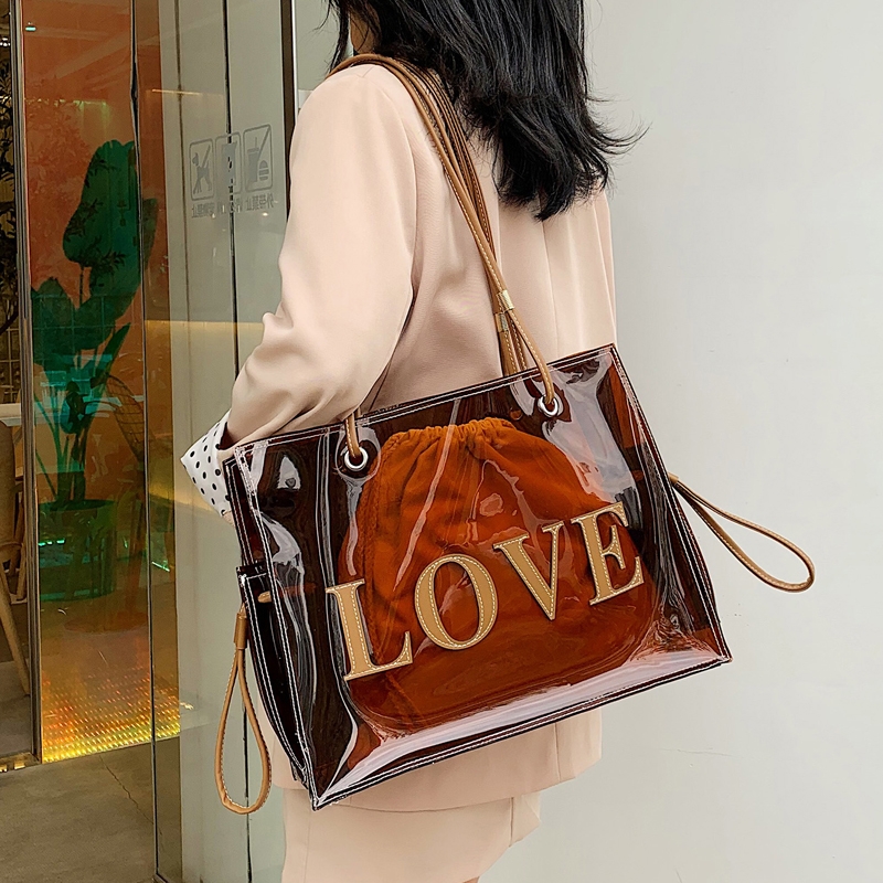 Coffee Clear Tote Bag LOVE Transparent Big Purse with Inner Pouch