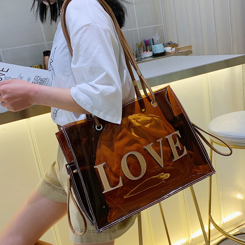 Coffee Clear Tote Bag LOVE Transparent Big Purse with Inner Pouch