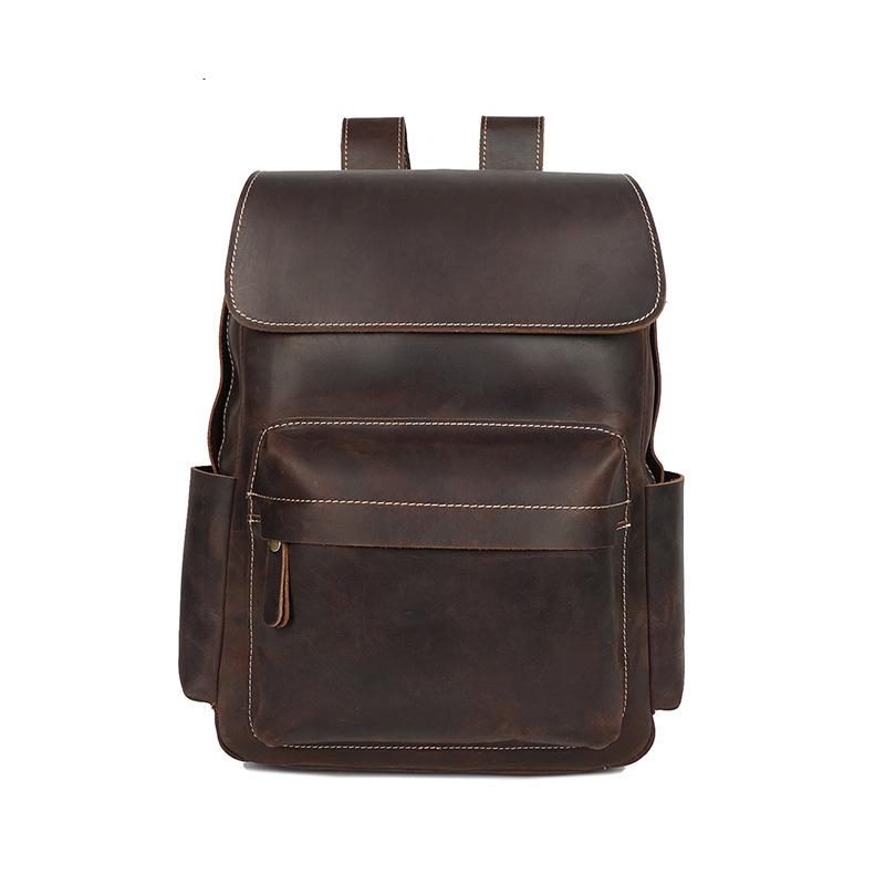 Coffee Full Grain Leather Retro Flap Backpack Handbags for Travel