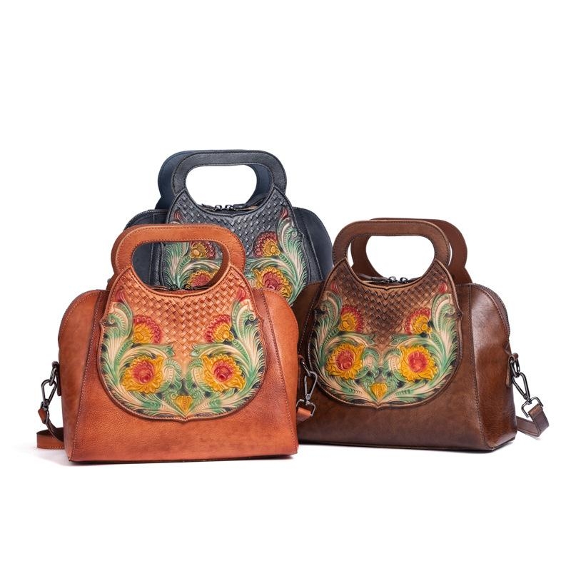 Brown Leather Flower Print Crossbody Bag Bamboo Embossed Hand Purse
