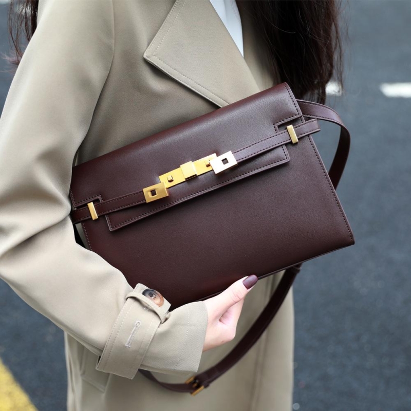 Coffee Leather Gold Lock Crossbody Satchel Bag Handbags