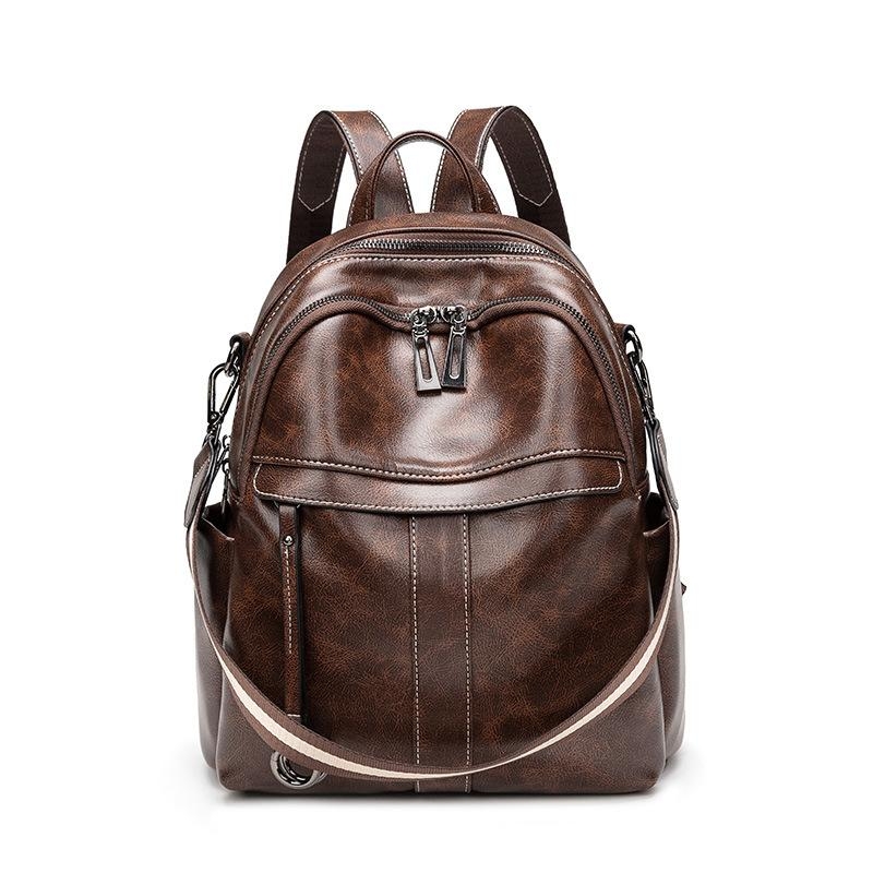 Coffee Soft Leather Backpack Zipper Office Backpacks