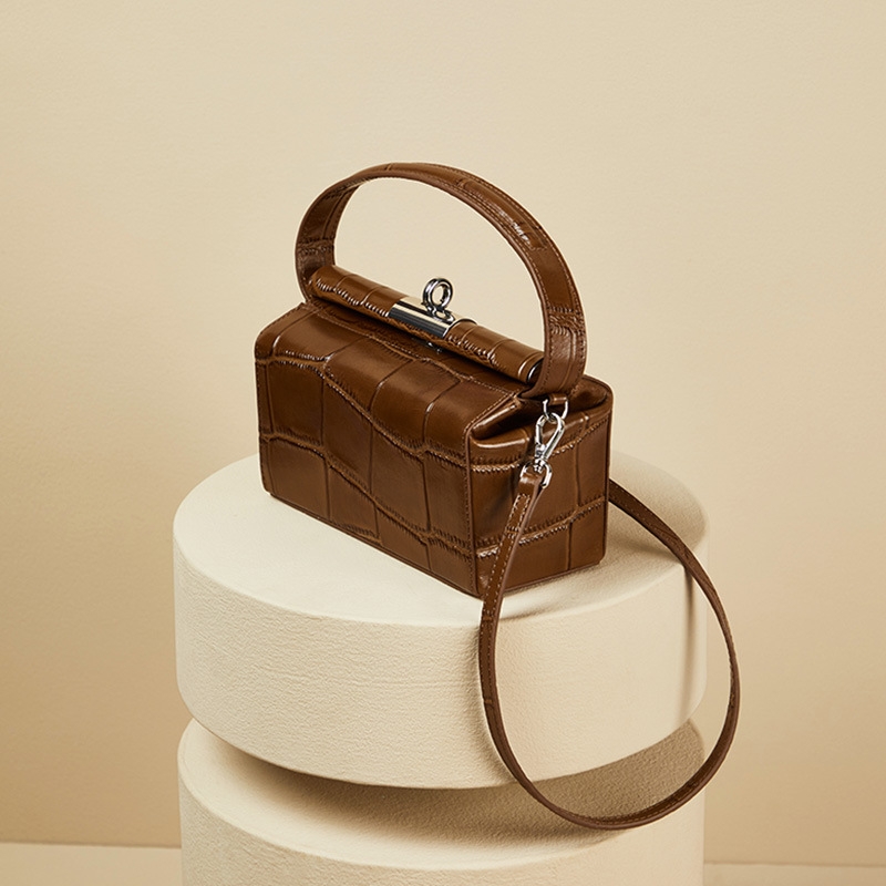 Coffee Twist Lock Croc-effect Box Leather Handbags