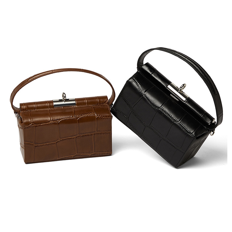 Coffee Twist Lock Croc-effect Box Leather Handbags