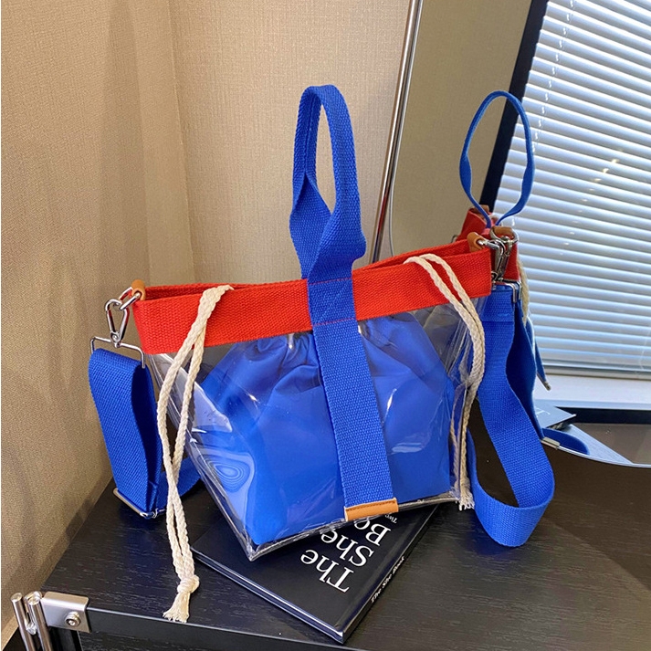 Blue Color-Block Transparent Purse Wide Strap Crossbody Clear Bucket Bag