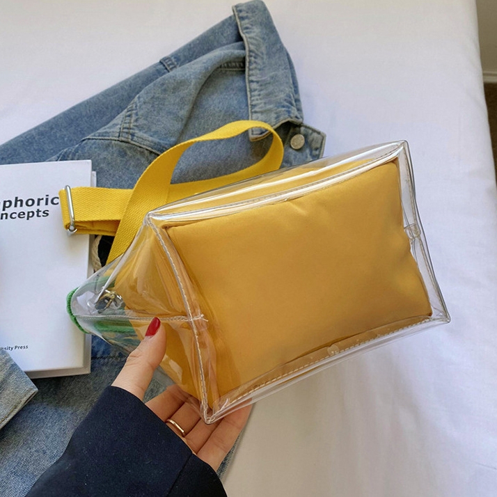 Yellow Color-Block Transparent Purse Wide Strap Crossbody Clear Bucket Bag