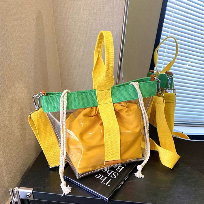 Yellow Color-Block Transparent Purse Wide Strap Crossbody Clear Bucket Bag