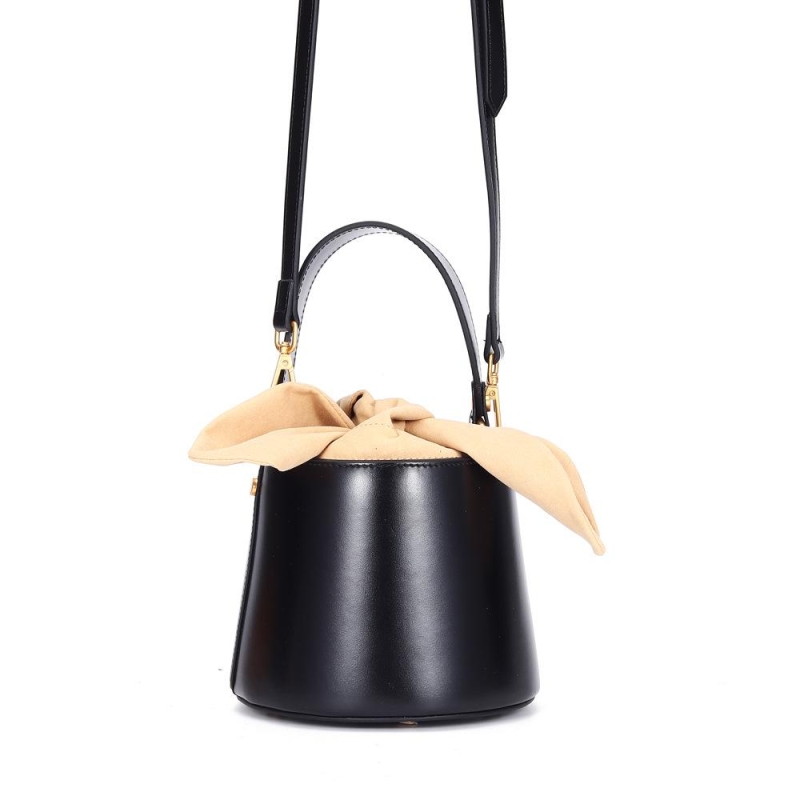 Black Cow Leather Bucket Handbags Vintage Crossbody Bags 