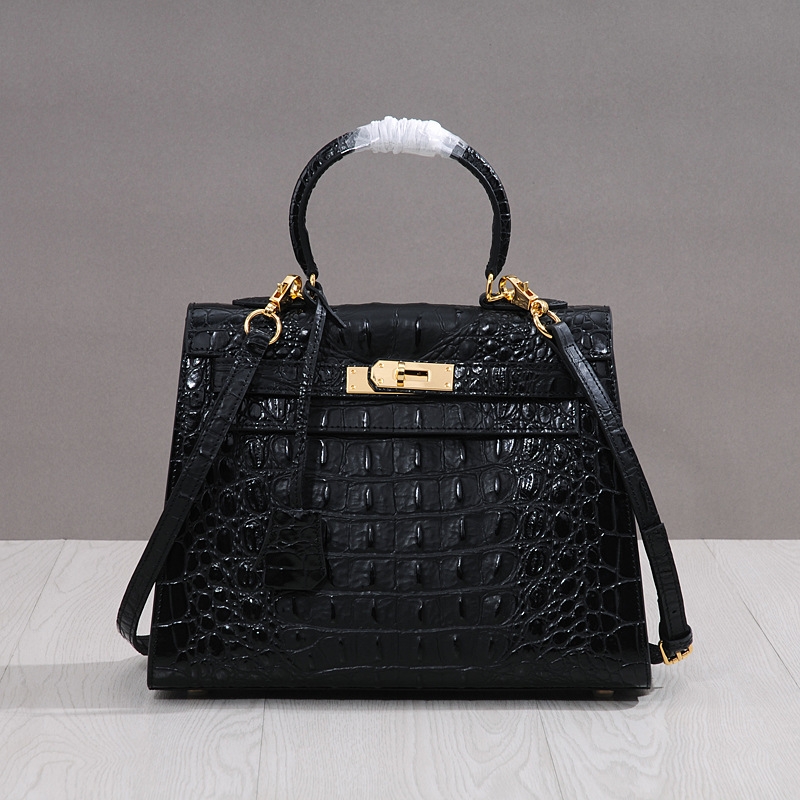 Blue Croc-Effect Leather Handbags Lock Satchel Handbags