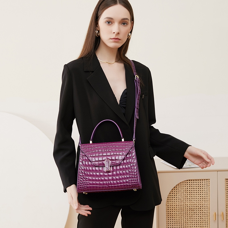 Purple Crocodile Printed Leather Satchel Bag Top Handle Crossbody Handle Bags