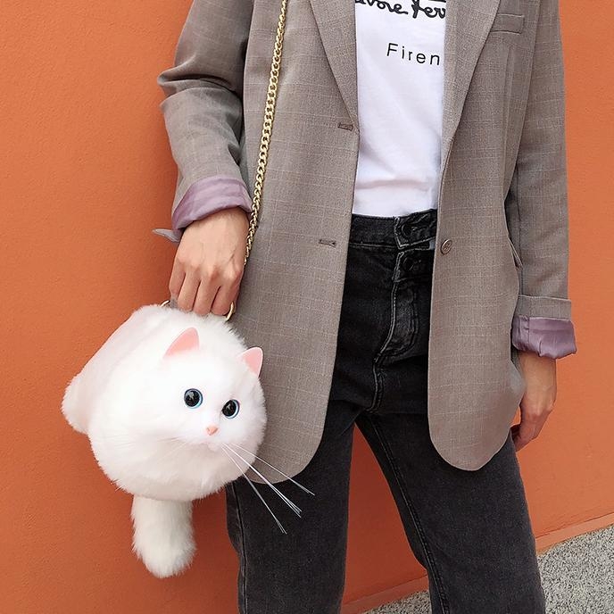 Custom Handmade Imitation White Fur Cat Crossbody Bag Cute Purses