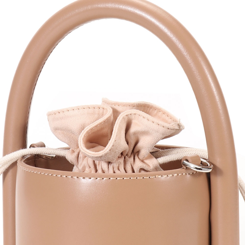 Cylindrical Brown Leather Shoulder Bucket Handbag