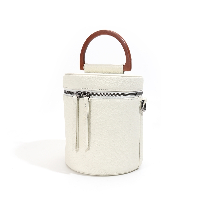 Cylindrical White Leather Shoulder Zipper Bucket Handbag