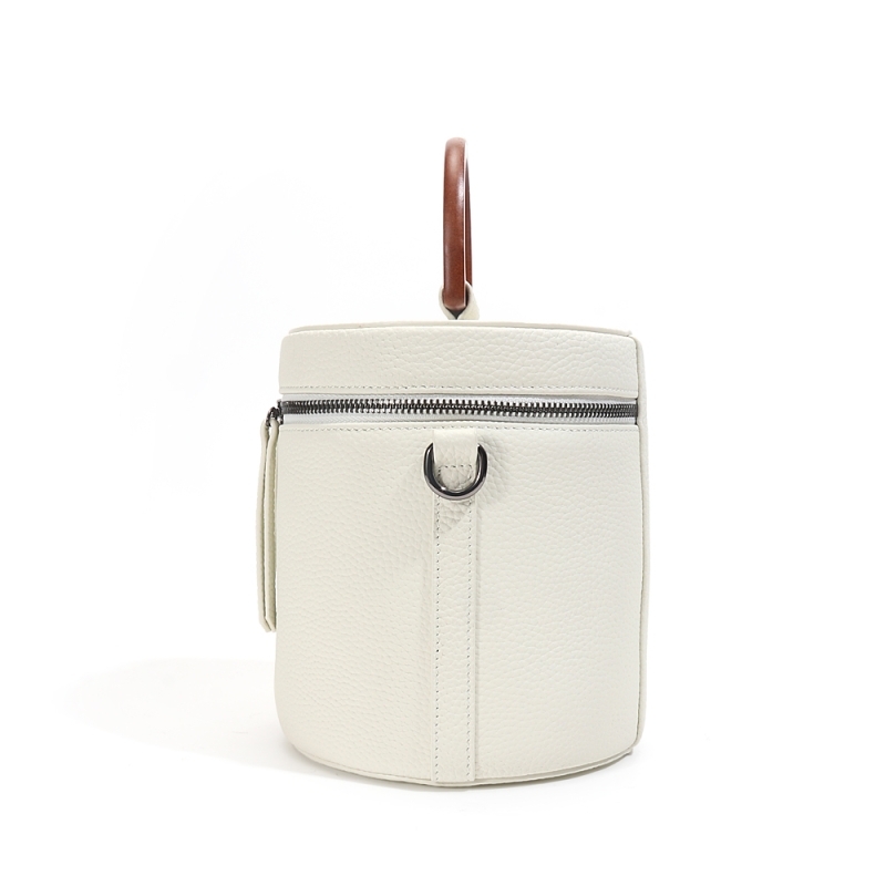 Cylindrical White Leather Shoulder Zipper Bucket Handbag