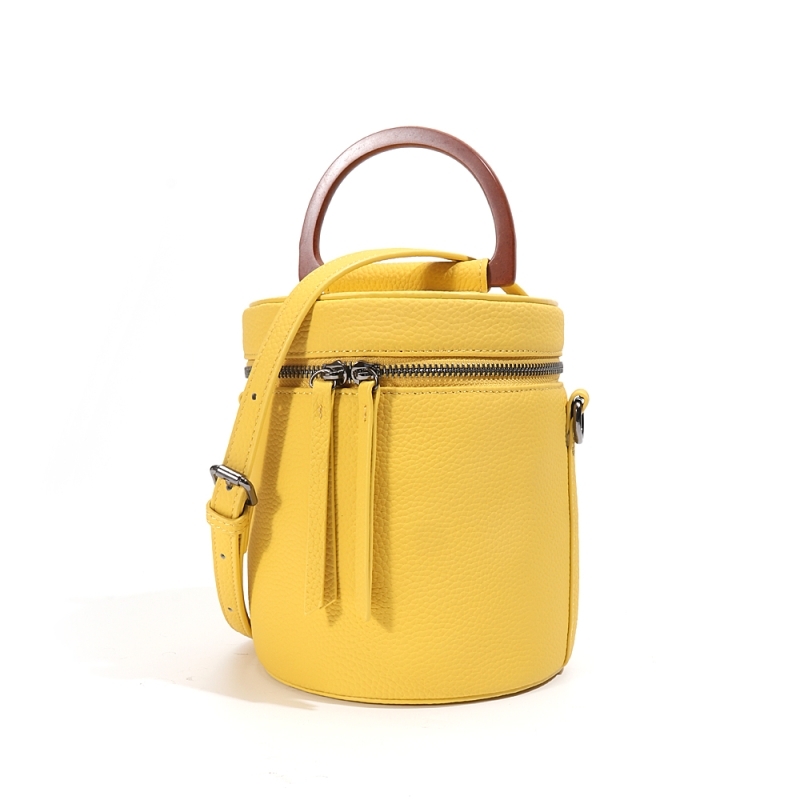 Cylindrical Yellow Leather Shoulder Zipper Bucket Handbag