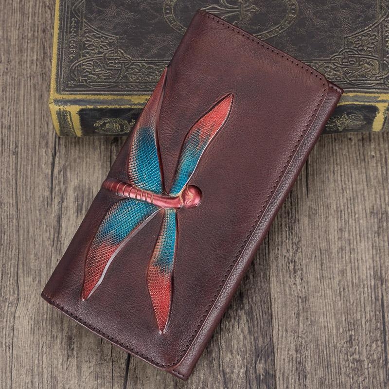 Dark Brown Dragonflies Handmade Cow Leather Long Wallet