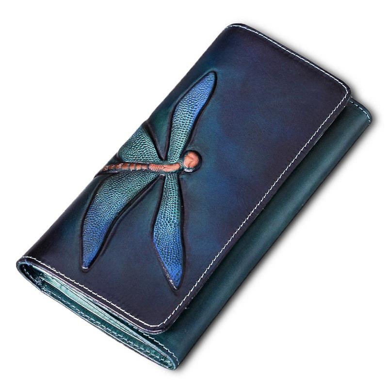 Dark Brown Dragonflies Handmade Cow Leather Long Wallet