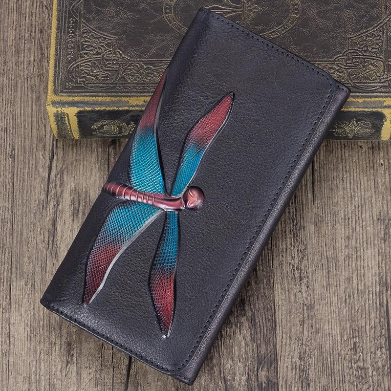 Red Dragonflies Handmade Cow Leather Long Wallet