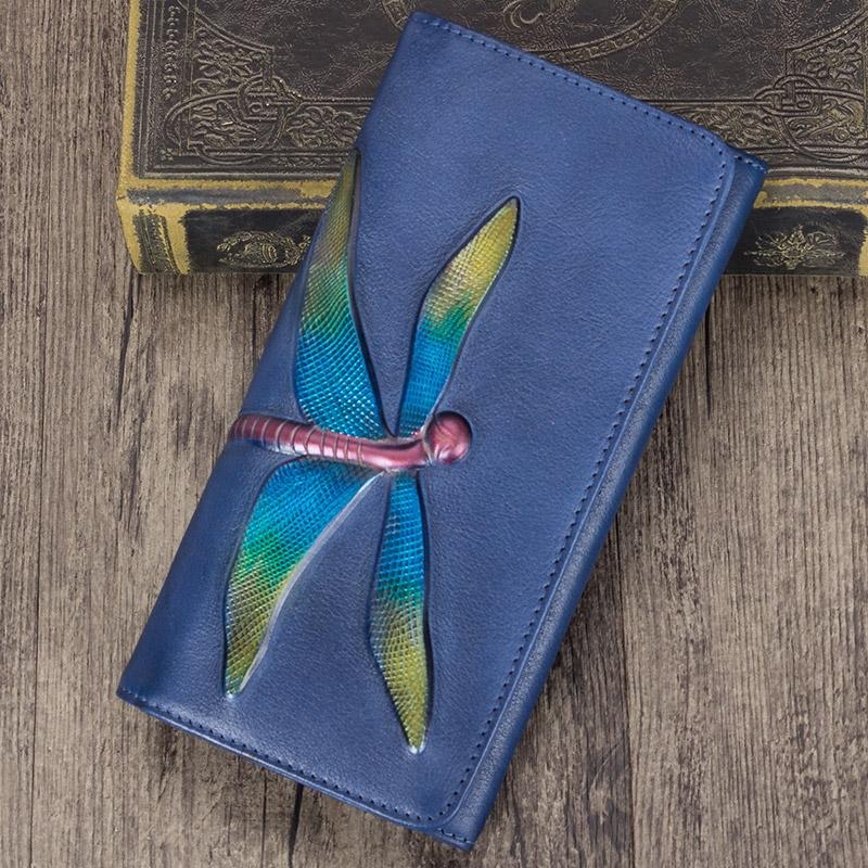 Green Dragonflies Handmade Cow Leather Long Wallet