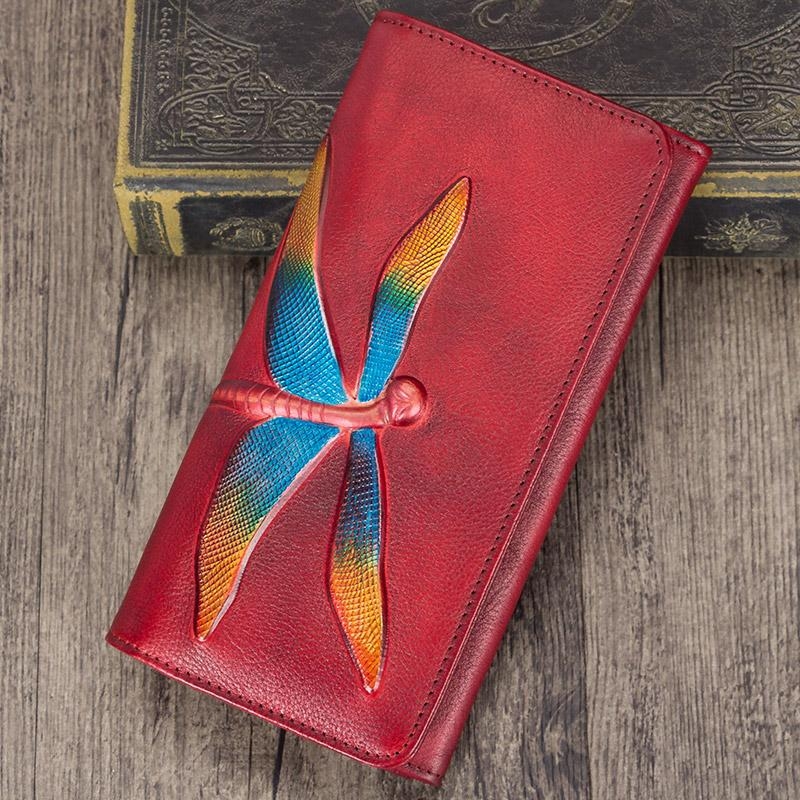 Red Dragonflies Handmade Cow Leather Long Wallet