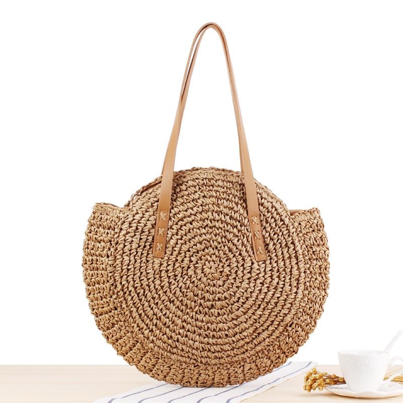 Brown and Blue Stripe Circle Straw Shoulder Tote Beach Bags