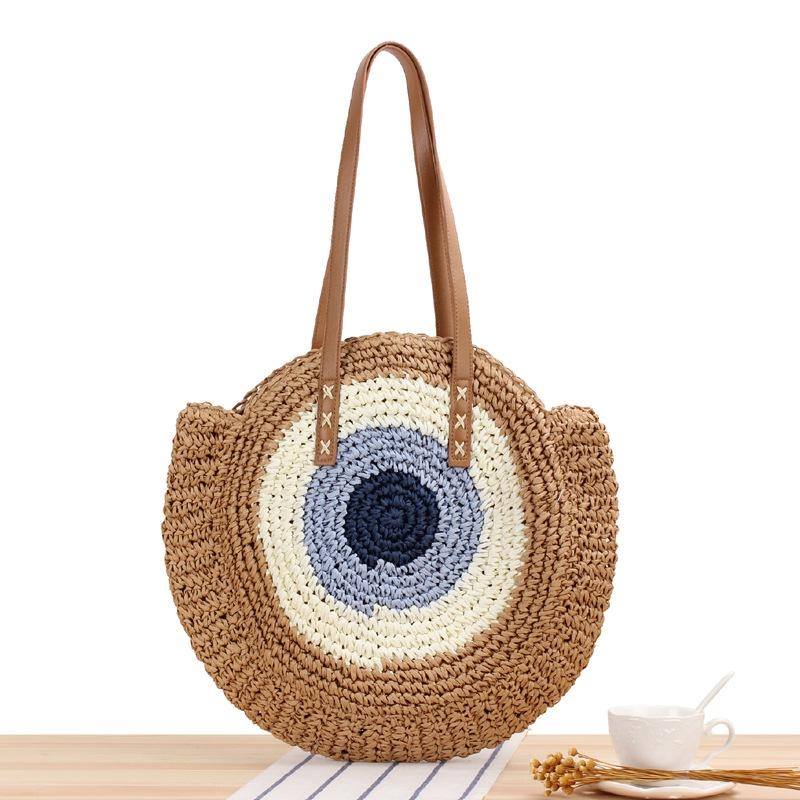 Brown and Blue Stripe Circle Straw Shoulder Tote Beach Bags