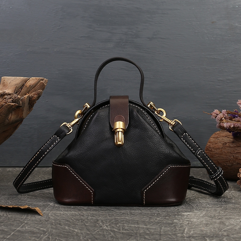 Dark Brown Vintage Crossbody Purse Golden Metal Buckle Handbag