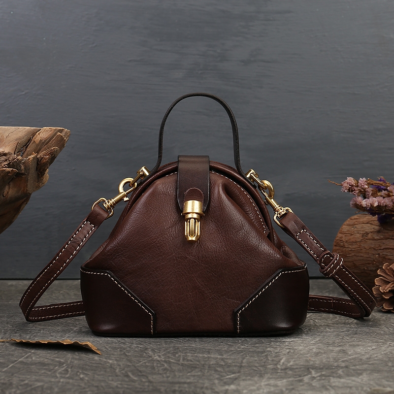 Dark Brown Vintage Crossbody Purse Golden Metal Buckle Handbag