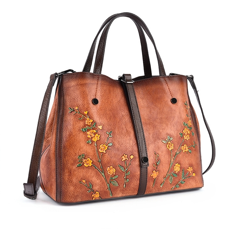 Brown Vintage Flowers Leather Handbags