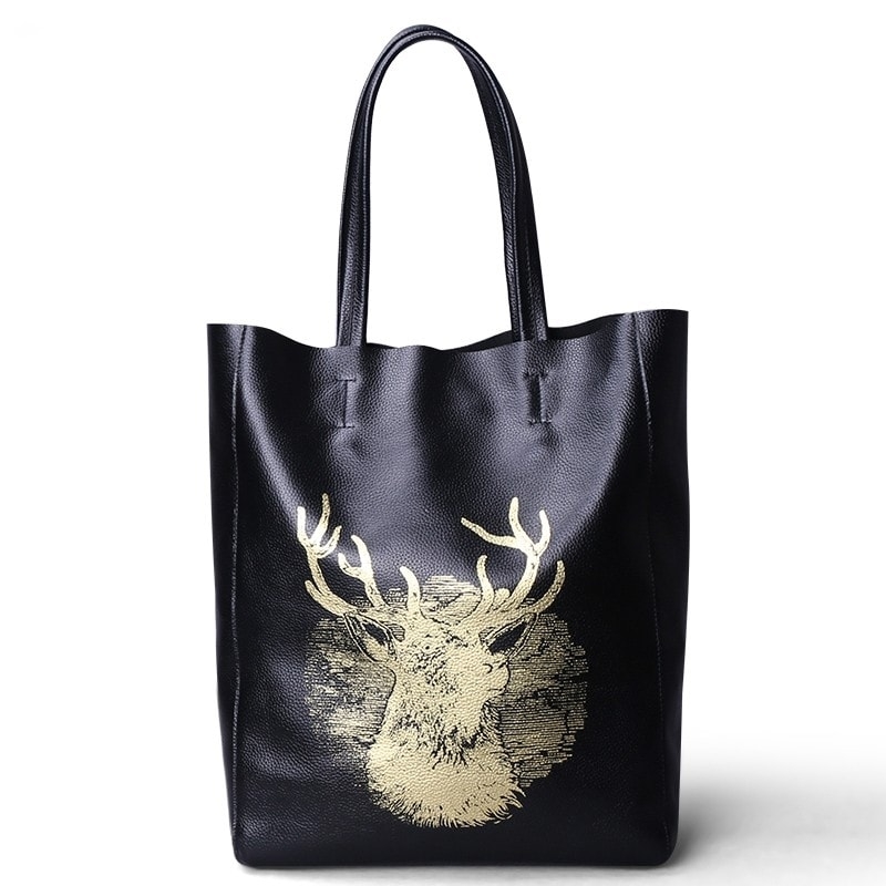 Grey Deer Floral Genuine Leather Tote Bag Shoulder Bags for Women