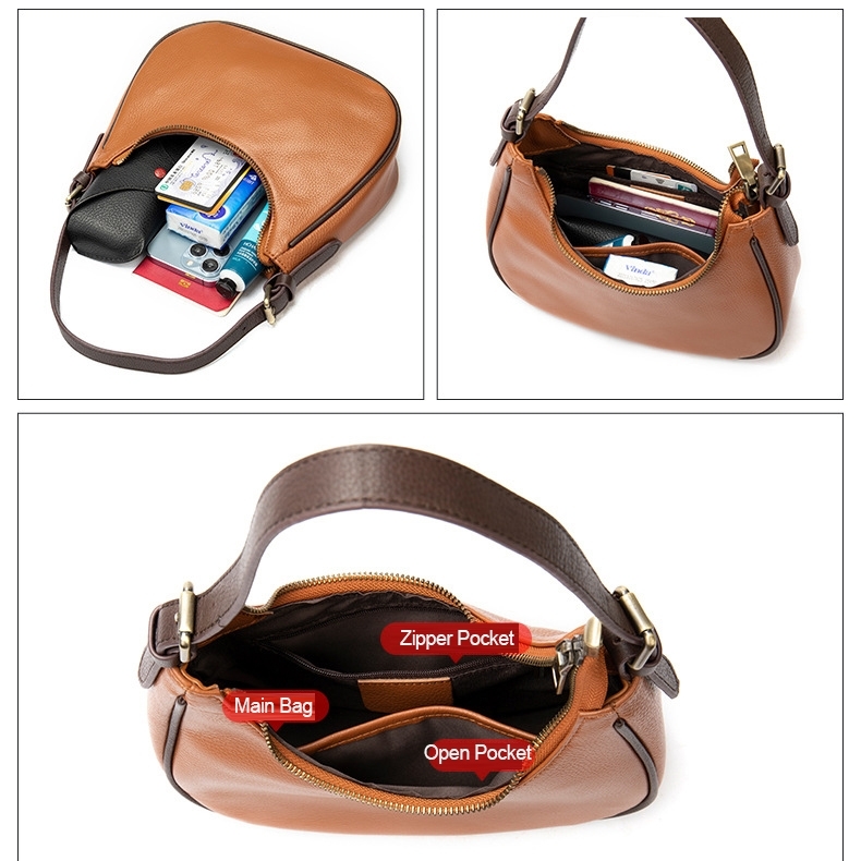 Coffee-Brown Leather Adjustable Shoulder Strap Baguette Hobo Bags