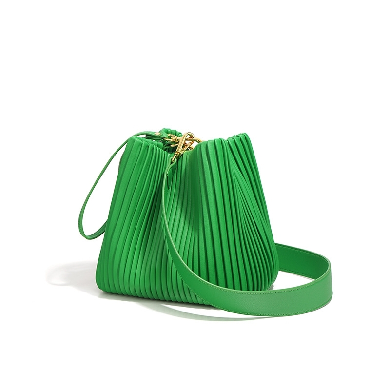 Green Leather Wrinkle One Handle Bucket Handbags