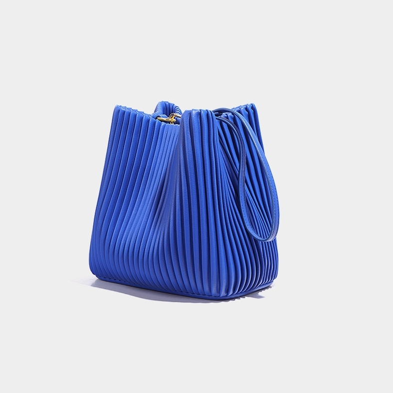 Electric Blue Leather Wrinkle One Handle Bucket Handbags