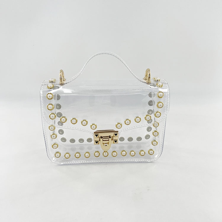 Pearl Embellished Top Handle Clear Satchel Crossbody Bag with Transparent Strap
