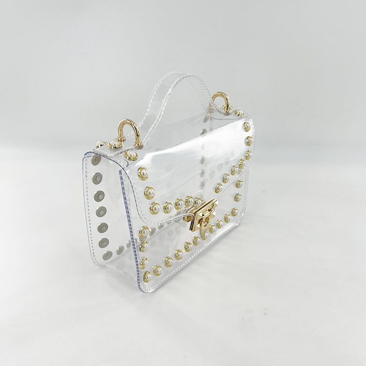 Pearl Embellished Top Handle Clear Satchel Crossbody Bag with Transparent Strap