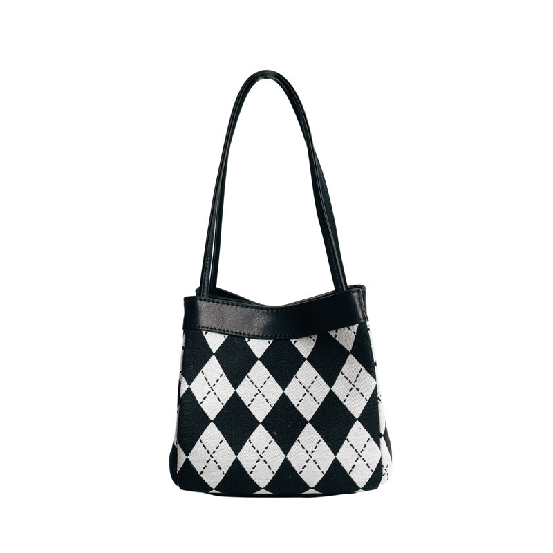 Black Fashion Plaid Bucket Bag Top Handle Quilted Basket Bag