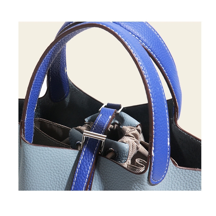 Flax Blue Leather Belt Bucket Handbags with inner Pouch