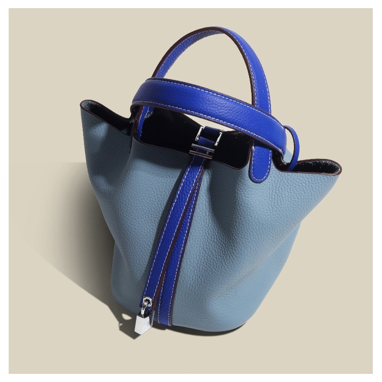 Flax Blue Leather Belt Bucket Handbags with inner Pouch