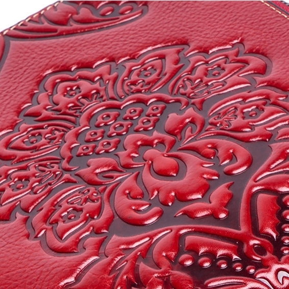 Red Floral Embossed Leather Backpack Handbags with Double Zipper