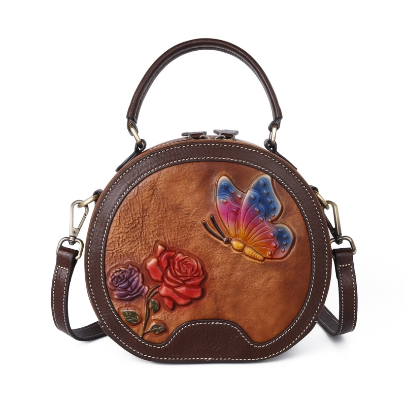 Brown Flower Embossed Genuine Leather Vinatge Crossbody Top Handle Circle Bag 